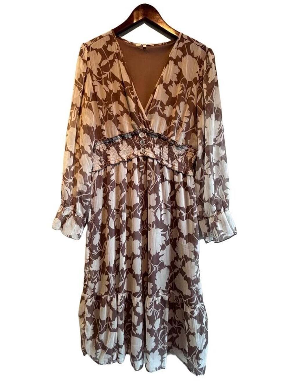 Hint Of Blush Floral Smocked Dress Size XL Brown Chiffon Boho